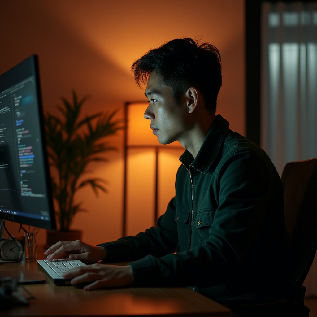 Professionista in stato di concentrazione profonda davanti a un monitor in un ufficio moderno