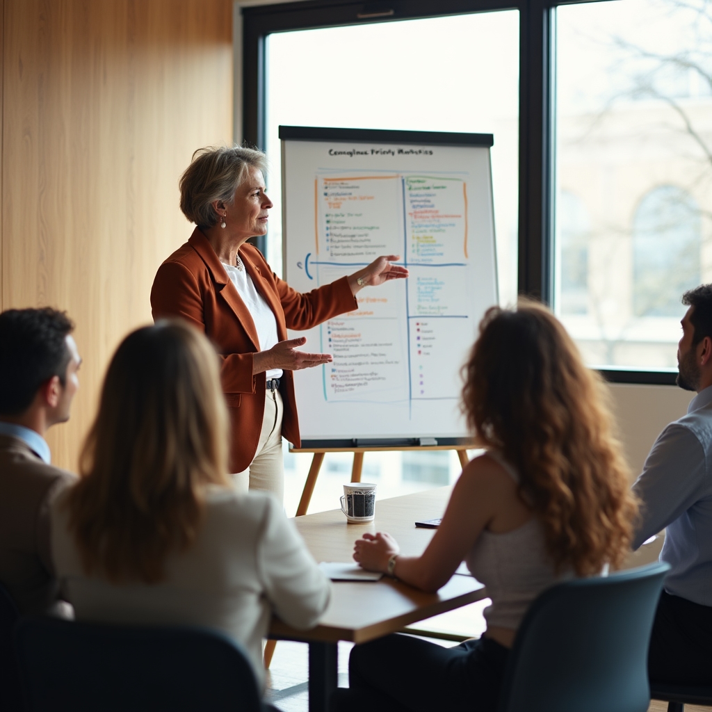 Facilitatore che illustra una matrice di priorità durante un webinar professionale